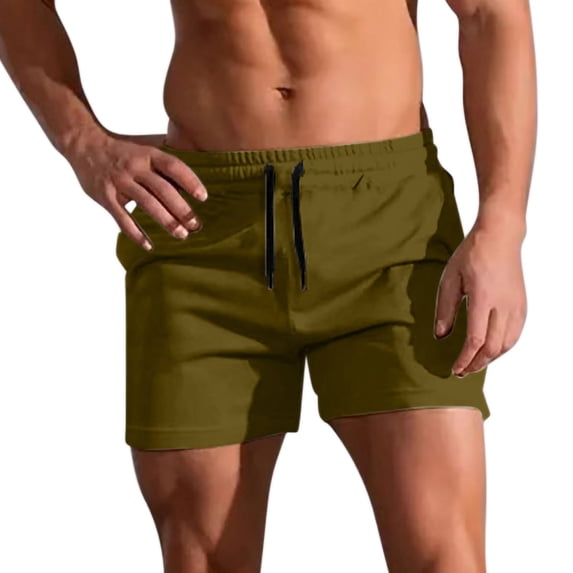 HOOMEUMY Mens Shorts Summer Fashion Comfy Outdoor Solid Color Drawstring Elastic Waist Sports Running Shorts Beach Shorts Leisure (Army Green,L)