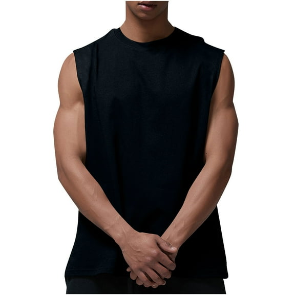 HOOMEUMY Mens Sleeveless Shirts Crew Neck Sports Tank Tops Soft Casual Lightweight Solid Color Relaxed Basic Shirt Sleeveless Blouses (Black,M)