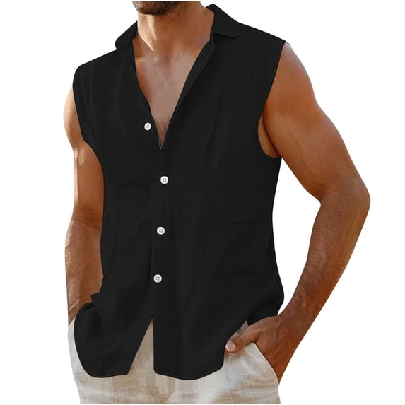 HOOMEUMY Mens Sleeveless Shirts V-Neck Cotton Linen Button Shirts Relaxed Sleeveless Casual Soft Basic Shirt Lightweight Solid Color Blouses (Black,XL)