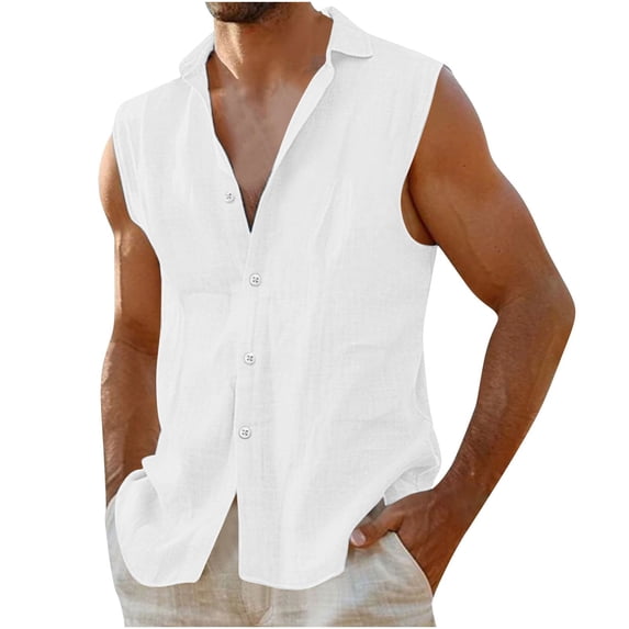 HOOMEUMY Mens Sleeveless Shirts V-Neck Cotton Linen Button Shirts Relaxed Sleeveless Casual Soft Basic Shirt Lightweight Solid Color Blouses (White,XL)