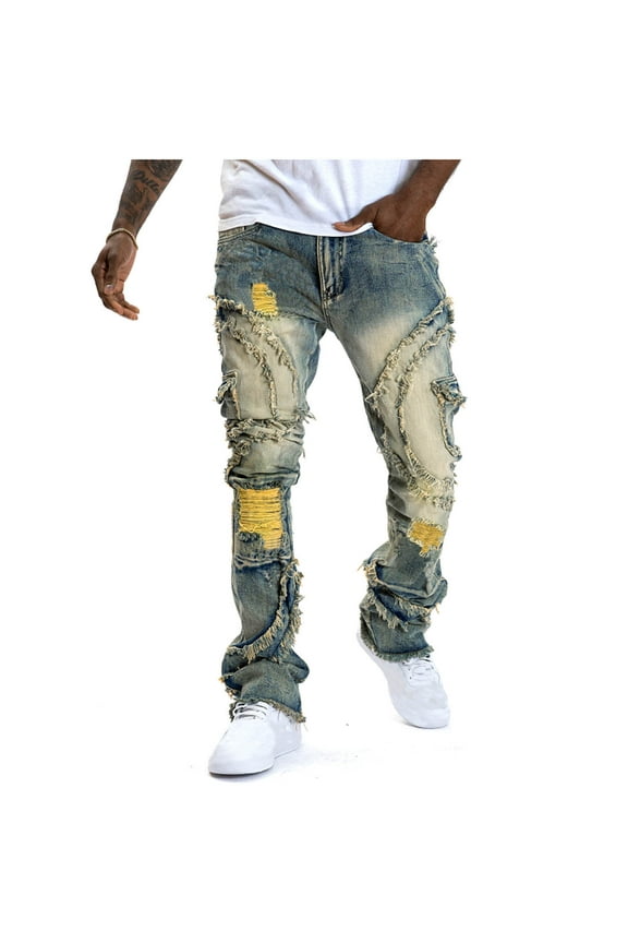 Mens Stacked Jeans Slim Casual Ripped Jeans Destroyed Straight Denim Pants Comfy Hip Hop Trouser Streetwear (Yellow,XL)