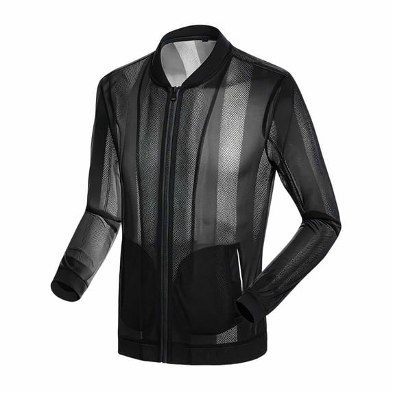 HOOMEUMY Mens Stand Collar Sheer Mesh Sun Protection Jacket Full Zip Long Sleeve Cuffed Hem Light Solid Color Breathable Outerwear For Beach Walking Summer Daily Casual Attire