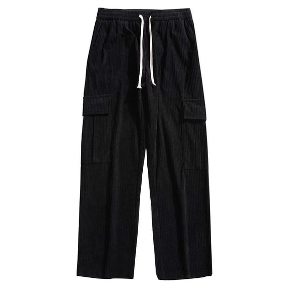 HOOMEUMY Mens Straight Pants Versatile Basic Drawstring Style Fashion 2025 Trendy Straight Trousers Cotton Pants Pocketed Design Black XL