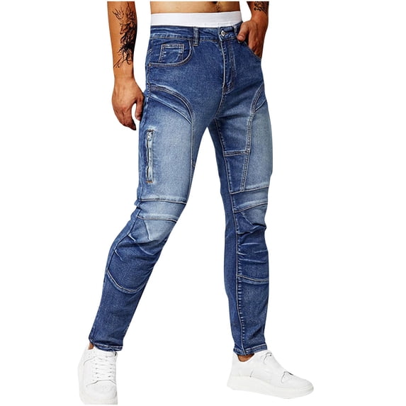 HOOMEUMY Mens Stretch Slim Fit Jeans Mid Rise Straight Leg Skinny Jeans Cargo Denim Pants Streetwear (Dark Blue,36)