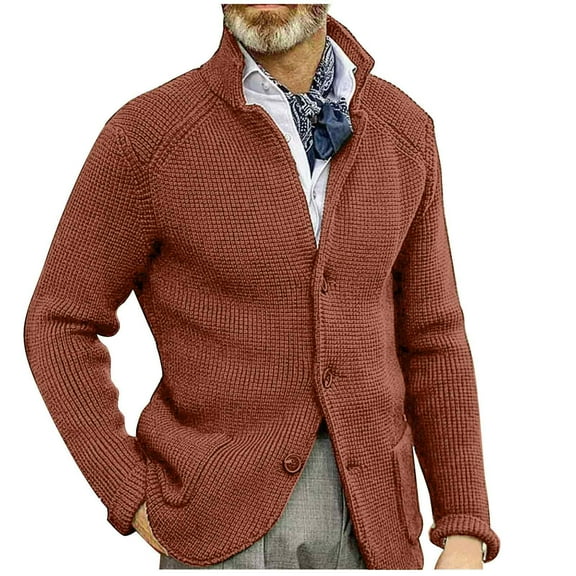 HOOMEUMY Mens Sweater Blazer Knitted Cardigan Sweater Sport Coat Casual Warm Stand Collar Chunky Button Wool Suit Jacket (Bronze,L）