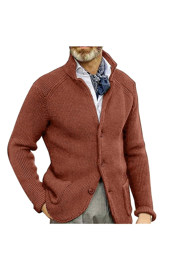 Mens Sweater Blazer Knitted Cardigan Sweater Sport Coat Casual Warm Stand Collar Chunky Button Wool Suit Jacket (Bronze,M）