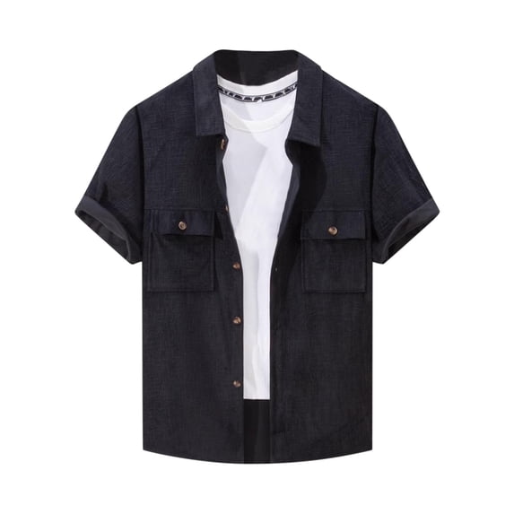 HOOMEUMY Mens T Shirts Lapel Button Shirts Cardigan Short Sleeve Relaxed Casual Basic Shirt Soft Solid Color Lightweight Blouses (Black,M)