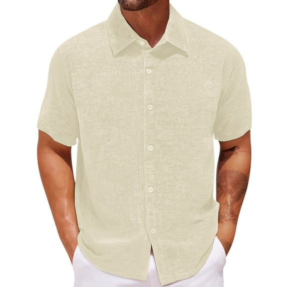 HOOMEUMY Mens T Shirts Lapel Button Shirts Soft Short Sleeve Lightweight Solid Color Relaxed Casual Basic Shirt Blouses (Beige,M)
