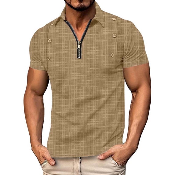 HOOMEUMY Mens T- Shirts Lapel Button Zipper Shirts Short Sleeve Basic Shirt Soft Casual Lightweight Solid Color Relaxed Blouses (Khaki,L)