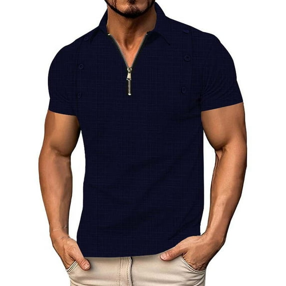 HOOMEUMY Mens T- Shirts Lapel Button Zipper Shirts Short Sleeve Basic Shirt Soft Casual Lightweight Solid Color Relaxed Blouses (Navy,M)