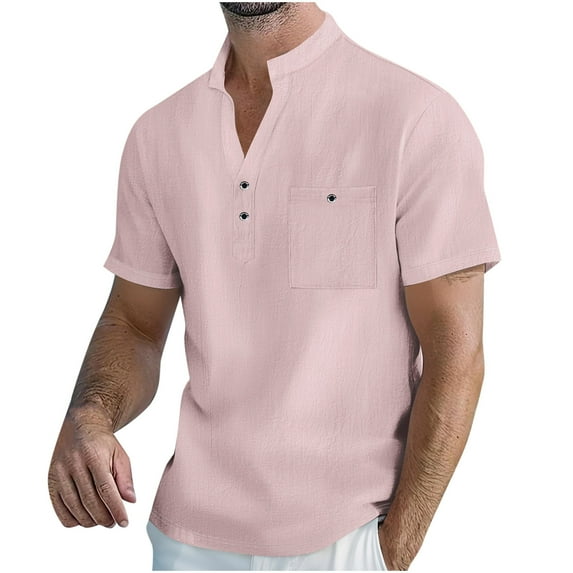HOOMEUMY Mens T- Shirts V-Neck Button Shirts Short Sleeve Solid Color Casual Basic Shirt Soft Relaxed Lightweight Blouses (Pink,M)