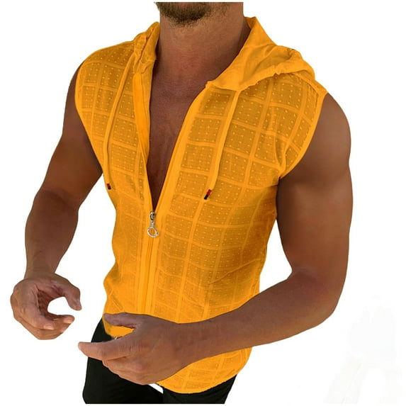HOOMEUMY Mens V-Neck Hooded Zipper Sports Tank Tops Soft Sleeveless Basic Shirt Casual Lightweight Solid Color Relaxed Blouses (Orange,XL)