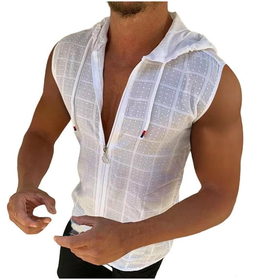 HOOMEUMY Mens V-Neck Hooded Zipper Sports Tank Tops Soft Sleeveless Basic Shirt Casual Lightweight Solid Color Relaxed Blouses (White,XXL)