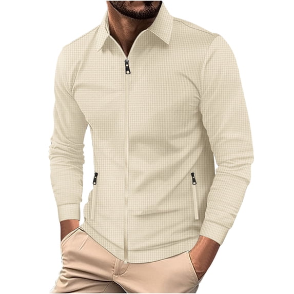 HOOMEUMY Mens Waffle Jacket Workout Long Sleeve Clothes Fashion Trendy Classic Solid Coat Turndown Collar Jacket Stretch Design Casual Khaki L
