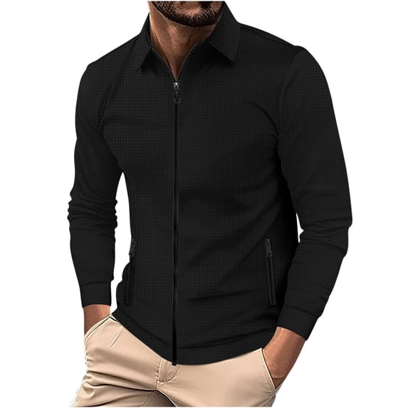 HOOMEUMY Mens Waffle Jacket Fashion 2025 Trendy Classic Solid Coat Turndown Collar Jacket Stretch Design Casual Workout Long Sleeve Clothes Black S