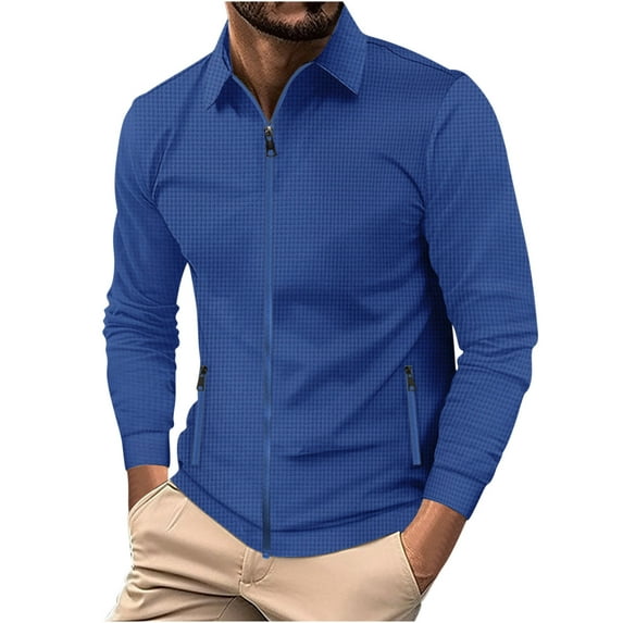 HOOMEUMY Mens Waffle Jacket Workout Long Sleeve Clothes Fashion 2025 Trendy Classic Solid Coat Turndown Collar Jacket Stretch Design Casual Blue S