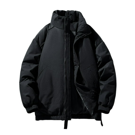 HOOMEUMY Mens Warm Cotton Jacket Fashion 2025 Trendy Classic Solid Coat Stand Collar Jacket Zipper Design Casual Workout Drop Shoulder Clothes Black M