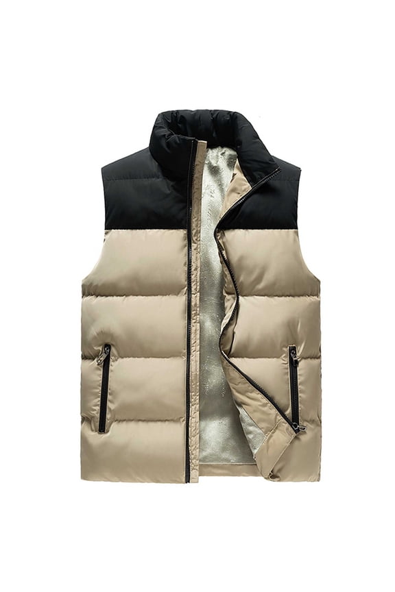 Mens Warm Cotton-Padded Vest Casual Workout Sleeveless Clothes Fashion 2025 Trendy Colorblocked Coat Stand Collar Jacket Zipper Design Khaki XL