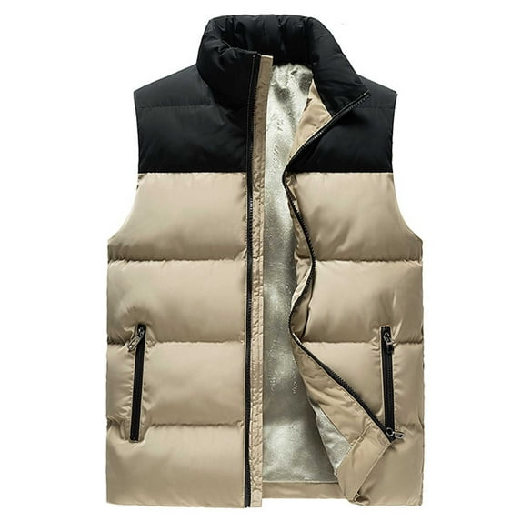 HOOMEUMY Mens Warm Cotton-Padded Vest Stand Collar Jacket Zipper Design Casual Workout Sleeveless Clothes Fashion 2025 Trendy Colorblocked Coat Khaki XXXXL