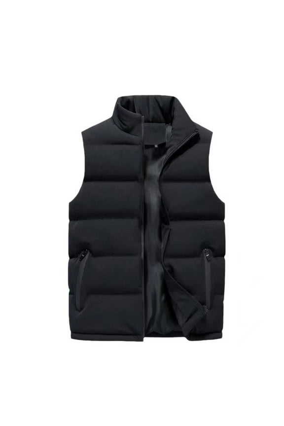 Mens Warm Cotton-Padded Vest Workout Sleeveless Clothes Fashion 2025 Trendy Classic Solid Coat Stand Collar Jacket Pockets Design Casual Black S