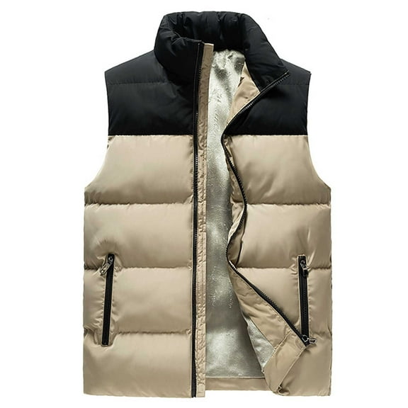 HOOMEUMY Mens Warm Cotton-Padded Vest Fashion 2025 Trendy Colorblocked Coat Stand Collar Jacket Zipper Design Casual Workout Sleeveless Clothes Khaki L