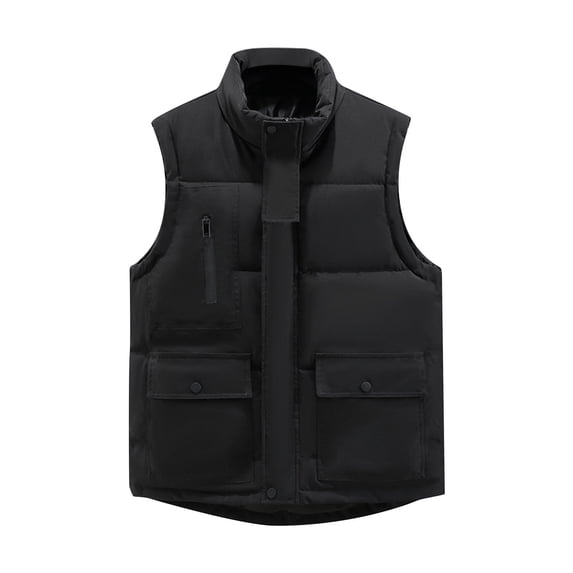 HOOMEUMY Mens Warm Cotton-Padded Vest Stand Collar Jacket Loose Fit Design Casual Workout Sleeveless Clothes Fashion 2025 Trendy Classic Solid Coat Black L