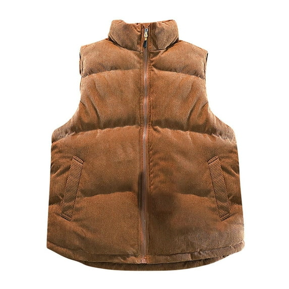HOOMEUMY Mens Warm Cotton-Padded Vest Workout Sleeveless Clothes Fashion 2025 Trendy Classic Solid Coat Stand Collar Jacket Loose Fit Design Casual Coffee XL