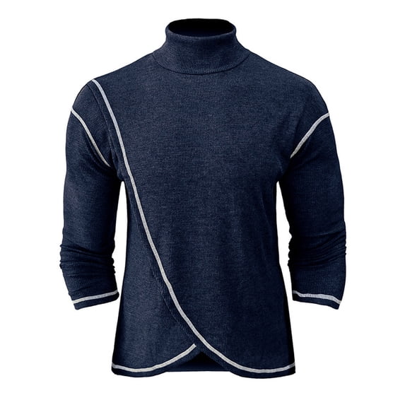 HOOMEUMY Mens Warm Pullover Knitwear Stand Collar Tops Slim Fit Blouse Casual Basic Long Sleeve Shirts Fashion 2025 Trendy Classic Solid Design Blue XXXL