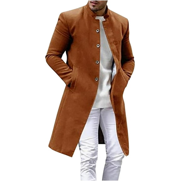 HOOMEUMY Mens Wool Blend Coat Classic Solid Coat Stand Collar Jacket Buttons Design Casual Workout Long Sleeve Clothes Fashion 2025 Trendy Beige XL