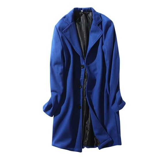 HOOMEUMY Mens Wool Blend Overcoat 2025 Trendy Classic Solid Coat Turndown Collar Design Single Breasted Warm Business Trench Outwear Jacket Casual Workout Long Sleeve Clothes Fashion Blue XXXL