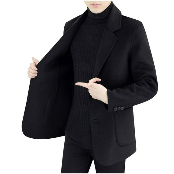 HOOMEUMY Mens Work Trench Coat Long Sleeve Casual Lapel Collar Single Breasted Peacoat Blazer Winter Warm Overcoat With Pockets (Black,L)
