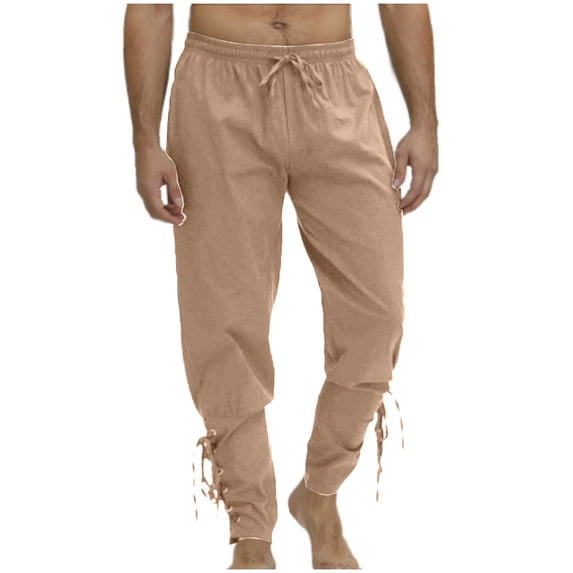 HOOMEUMY Pants Men's Stylish Cosplay Medieval Renaissance Pirate Costume Ankle Banded Lace-up Trouser Outfit Cuff Renaissance Pants Khaki 8