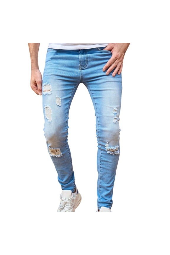 Ripped Jeans for Men Straight Fit Full-length Pants Denim Pants Outdoor Stretchy Pencil Pants Hip Hop Jogging with Pockets Elastic Waist Trousers Casual Distressed Cool Pant Workout âBlack L