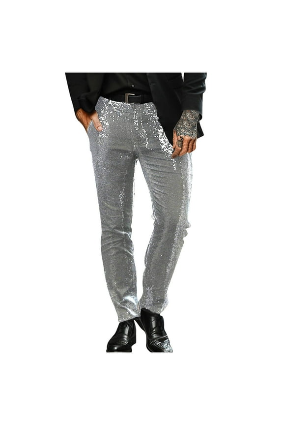 Sequin Pants Men Dress Pant Fashion Vintage Shiny Sparkly Straight Leg Trousers (Silver,S)