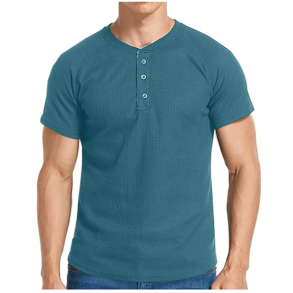 HOOMEUMY Shirts for Men Crew Neck Button Shirts Relaxed Casual Basic Shirt Soft Lightweight Solid Color Short Sleeve Blouses (Sky Blue,XL)