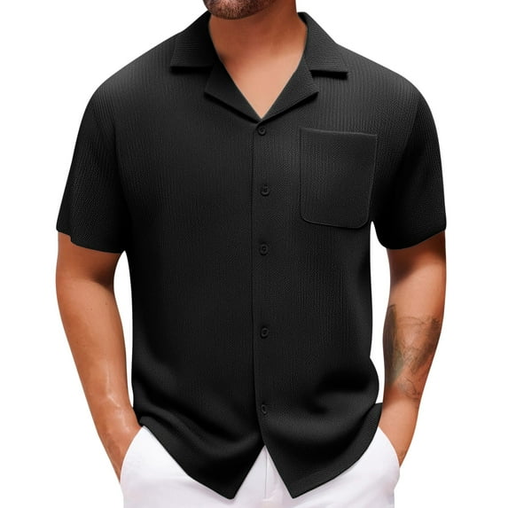 HOOMEUMY Shirts for Men Lapel Button Shirts with Pocket Soft Casual Basic Shirt Short Sleeve Lightweight Relaxed Solid Color Blouses (Black,XXXL)