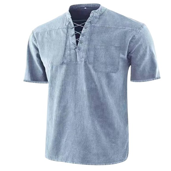 HOOMEUMY Shirts for Men V-Neck Drawstring Shirts Solid Color Short Sleeve Basic Shirt Soft Casual Relaxed Lightweight Blouses (Light Blue,XXL)