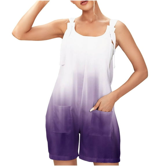 HOOMEUMY Shorts Rompers for Women Casual Shorts Jumpsuit Summer Shorts Sleeveless Bib Overall with Pockets Wide Leg Dressy Outfit Scoop Neck Rompers Adjustable Knot Straps Overalls Gradient Color