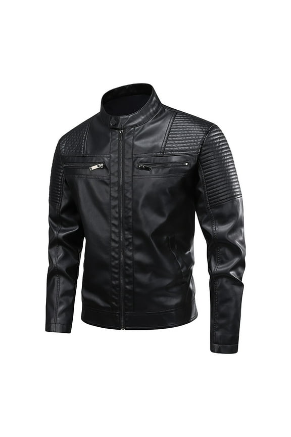 Spring Fall Fashion Men's Leather Jacket Vintage Leather Outwear Coat Male Stand Collar Moto Biker Jackets (Black,S）