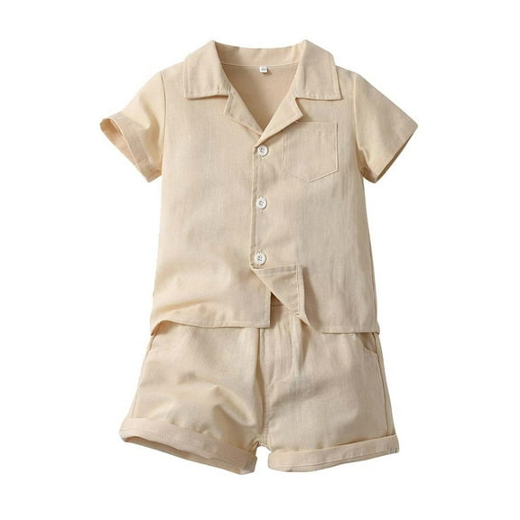 HOOMEUMY Summer Linen 2 Piece Set for Toddler Boys Beach Outfits Short Sleeve Shirts Breathable Stretch Shorts Set Beige 3 Years