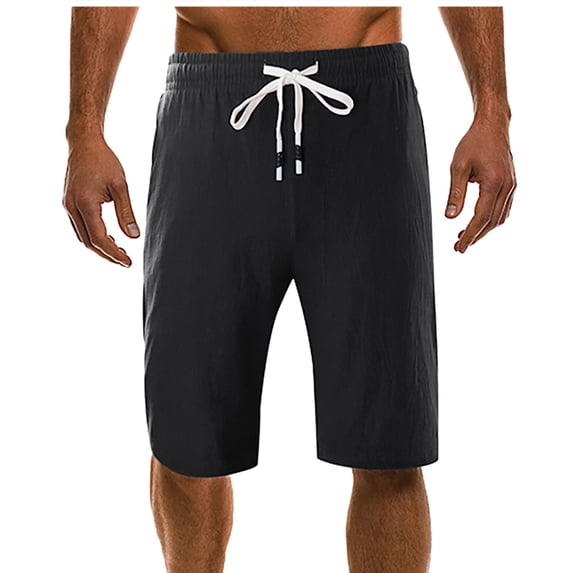 HOOMEUMY Summer Men's Linen Shorts Drawstring Elastic Waist Classic Solid Breathable Stretch Loose Fit Beach Shorts with Pockets Black XXXXL