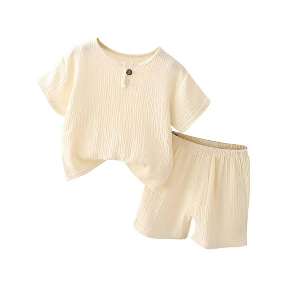 HOOMEUMY Summer Short Sleeve Button Up Pajama Set Soft Breathable Solid Color Loose 2 Piece Outfit Lounge Beach Wear for Toddler Baby Boys Beige 4-5 Years