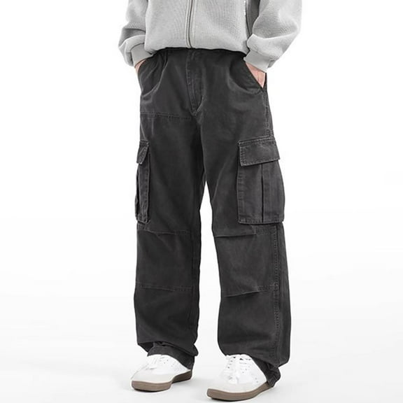 HOOMEUMY Sweatpants for Men Baggy Straight-leg Stretch Work Trousers Multiple Pockets Casual Streetwear Trousers (Gray,M)