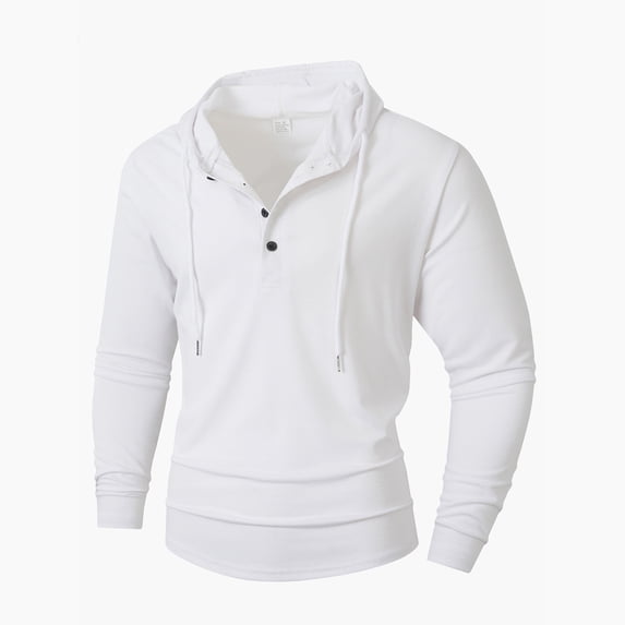 HOOMEUMY Sweatshirts for Men Spring Long Sleeve Hooded Lightweight Solid Color Comfy Button Drawstring Hooded Sports Shirts Pullover (White,M)