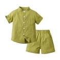 thumbnail image 1 of HOOMEUMY Toddler Baby Boy Summer Outfit Cotton Linen Short Sleeve Stand Collar Shirt Breathable Stretch Shorts Set Green 1 Years, 1 of 2