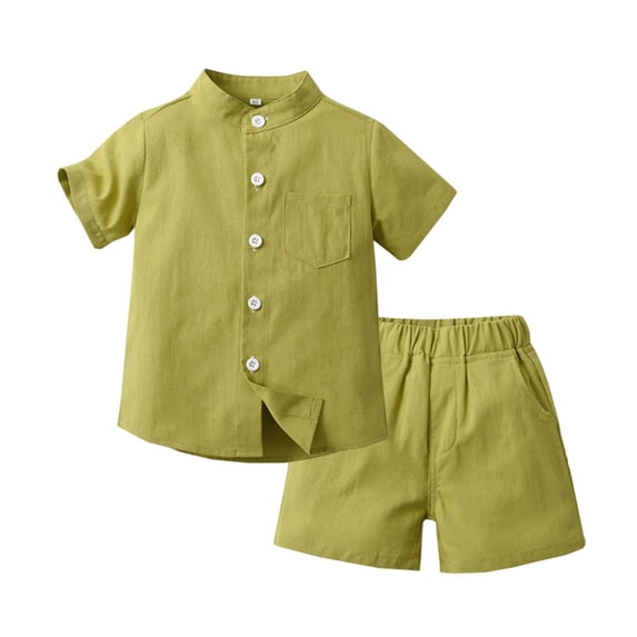 HOOMEUMY Toddler Baby Boy Summer Outfit Cotton Linen Short Sleeve Stand Collar Shirt Breathable Stretch Shorts Set Green 1 Years