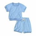 thumbnail image 1 of HOOMEUMY Toddler Boy's Summer Outfit Set Short Sleeve Crew Neck T-Shirt Denim Shorts 2 Piece Clothes Blue 4-5 Years, 1 of 8