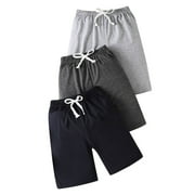 HOOMEUMY Toddler Boys Summer Shorts 3 Pack Cotton Soft Elastic Waist Solid Color Drawstring Beach Shorts Knee Length Activewear Multi-color 7 Years