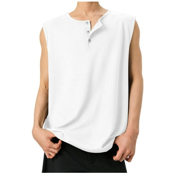 HOOMEUMY Vintage T Shirts for Men Crew Neck Button Basic Shirts Fashion Comfy Lightweight Shirts Summer Sleeveless Shirt Casual Solid Color (White,M)