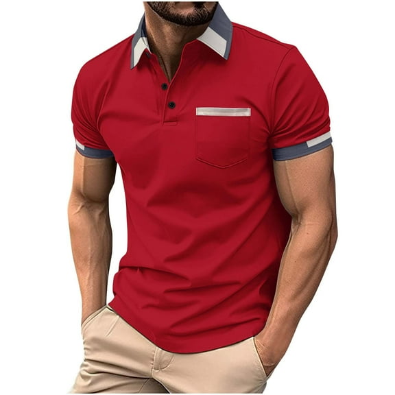 HOOMEUMY Vintage T Shirts for Men Lapel Button Shirts Solid Color Lightweight Shirts Fashion Short Sleeve Shirt Summer Comfy Casual (Red,XXXL)